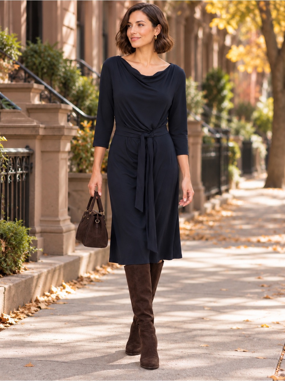 Classic Ann Taylor Navy Blue Cowl Neck Tie Waist Dress XS